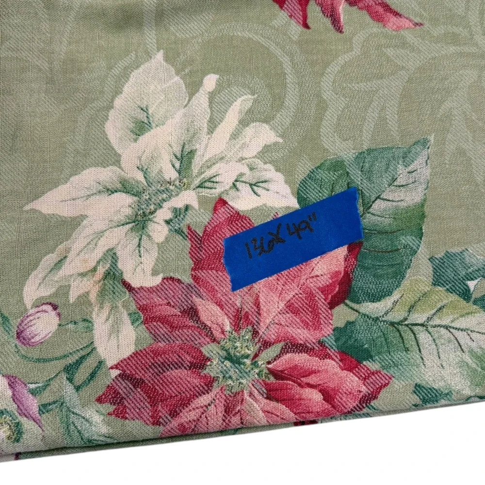 TerriSol 136x49 Green Tablecloth Poinsettia Floral Christmas Holiday Cottagecore
